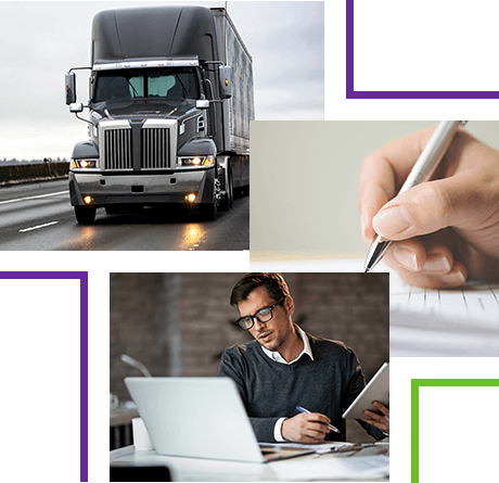 Collage with Semi truck, business man using laptop and a person writing on a document with a pen