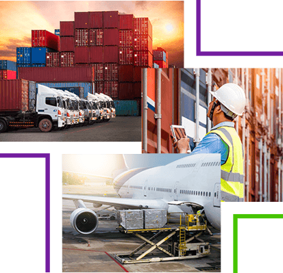 Collage of images showing a Shipyard with cargo, worker with hard hat, and cargo ship with boxes being loaded on to it.