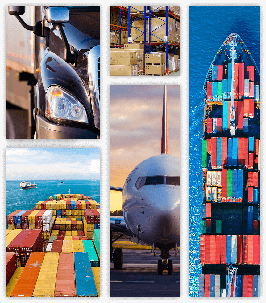 Collage of Truck, plane, cargo ship, cargo and a warehouse