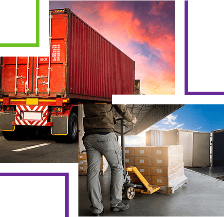 Collage of Semi truck, and person loading truck in a warehouse